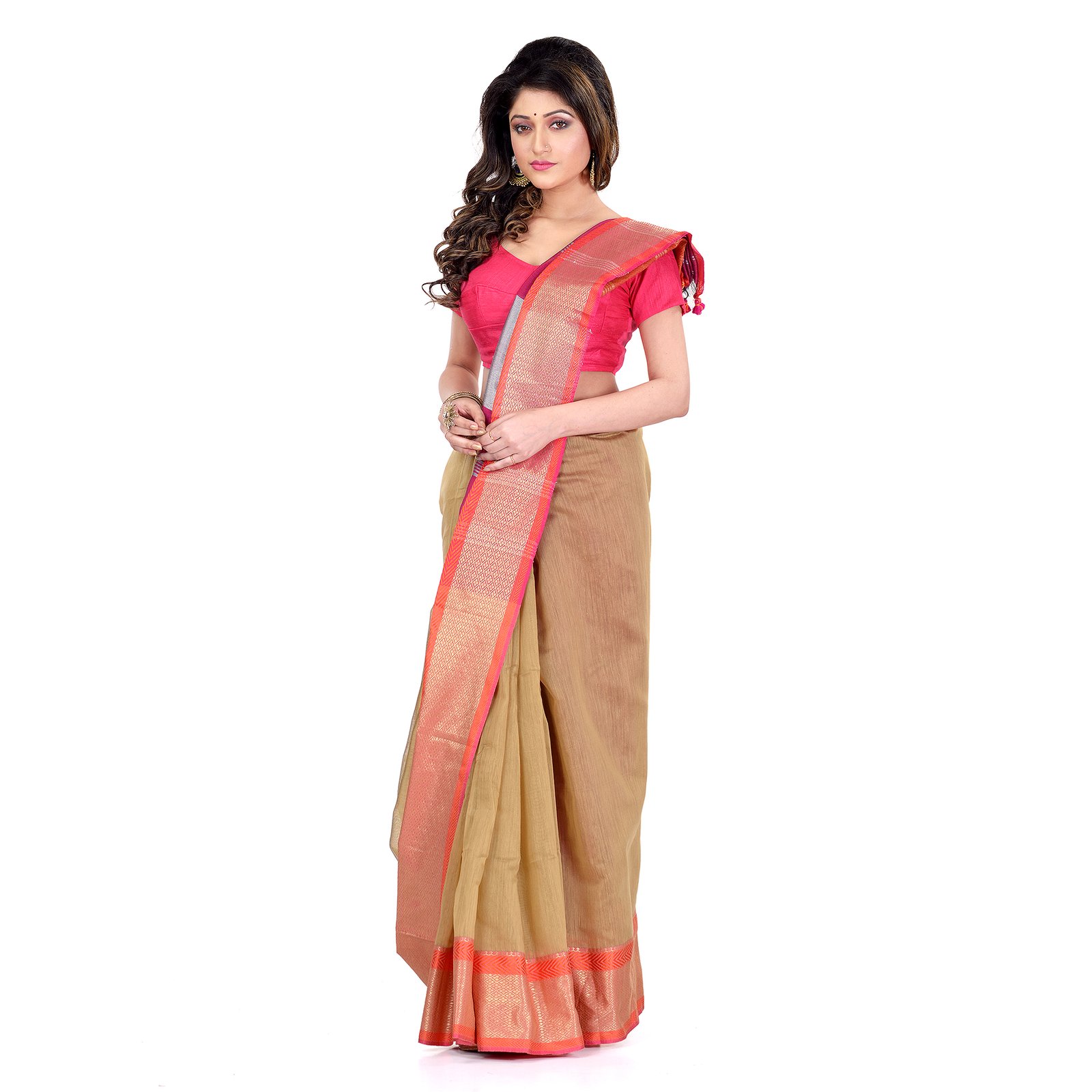 DESH BIDESH Women`s Handloom Cotton Silk Saree Jacquard Maheswari Design Zari Work With Blouse Piece(Mustard Yellow Pink)